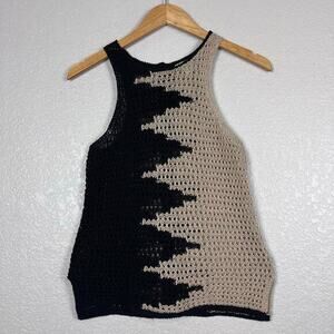 Lucky Brand Crochet Tank Womens XS Tan Black Geometric Open Knit Chunky Western